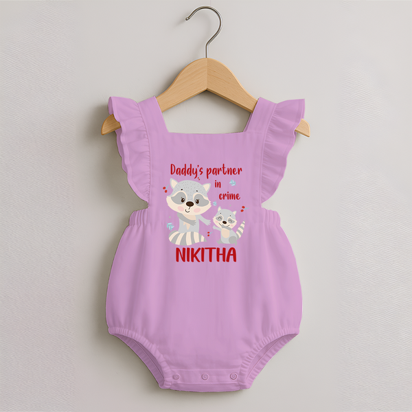 Daddy's Partner in Crime Romper Frock | Custom Name Baby Romper Frock for Daddy's Partner - BABY PINK - 0 - 3 Months Old (Chest 19")