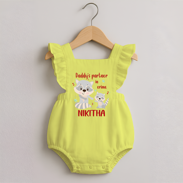 Daddy's Partner in Crime Romper Frock | Custom Name Baby Romper Frock for Daddy's Partner - PASTEL YELLOW - 0 - 3 Months Old (Chest 19")