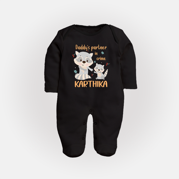 Daddy's Partner in Crime Sleep Suit / Full Sleeve Body Suit | Custom Name Baby Sleep Suit / Full Sleeve Body Suit for Daddy's Partner - BLACK - New Born (Chest 7.5")