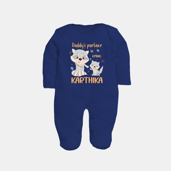 Daddy's Partner in Crime Sleep Suit / Full Sleeve Body Suit | Custom Name Baby Sleep Suit / Full Sleeve Body Suit for Daddy's Partner - NAVY BLUE - New Born (Chest 7.5")