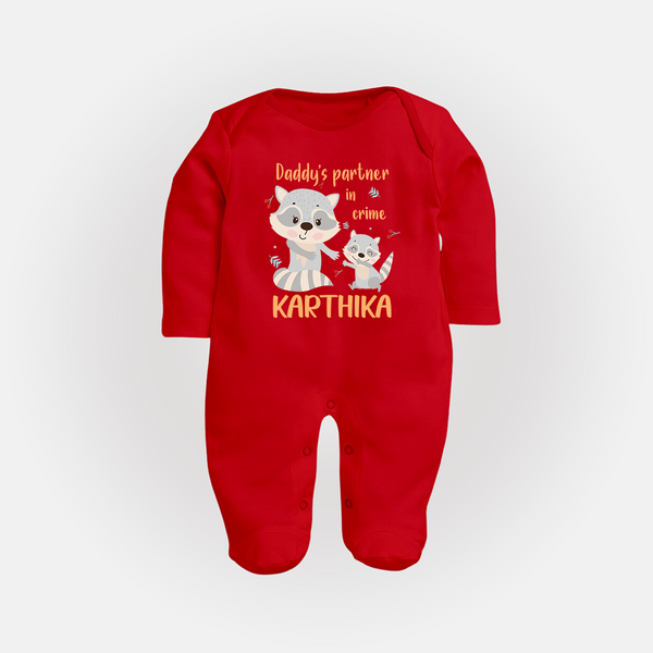 Daddy's Partner in Crime Sleep Suit / Full Sleeve Body Suit | Custom Name Baby Sleep Suit / Full Sleeve Body Suit for Daddy's Partner - RED - New Born (Chest 7.5")