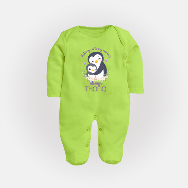 Holding On To My Mummy Always Sleep Suit / Full Sleeve Body Suit | Custom Baby Sleep Suit / Full Sleeve Body Suit for Mommy's Little One - LIME GREEN - New Born (Chest 7.5")