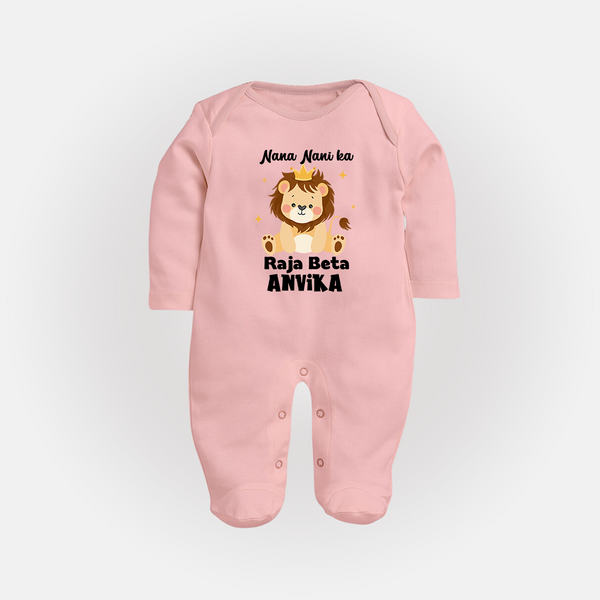 Nana Nani Ka Raja Beta Sleep Suit / Full Sleeve Body Suit | Personalized Baby Sleep Suit / Full Sleeve Body Suit for Nana and Nani's King - BABY PINK - New Born (Chest 7.5")