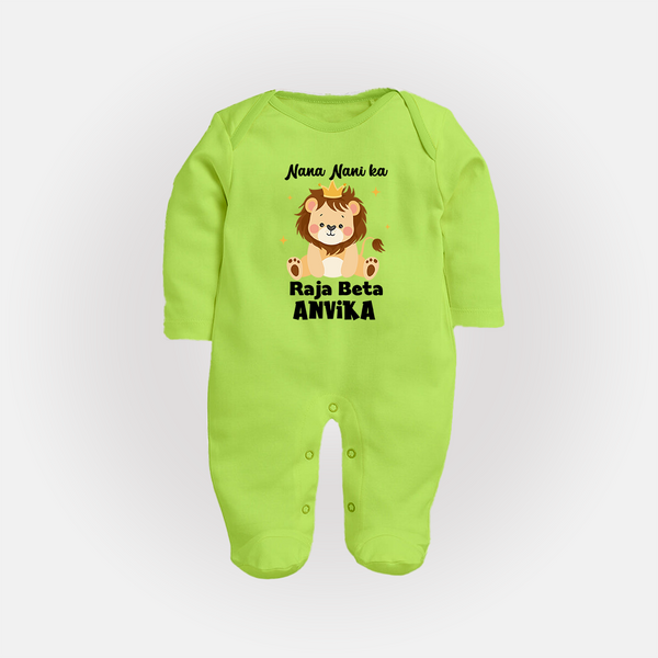 Nana Nani Ka Raja Beta Sleep Suit / Full Sleeve Body Suit | Personalized Baby Sleep Suit / Full Sleeve Body Suit for Nana and Nani's King - LIME GREEN - New Born (Chest 7.5")