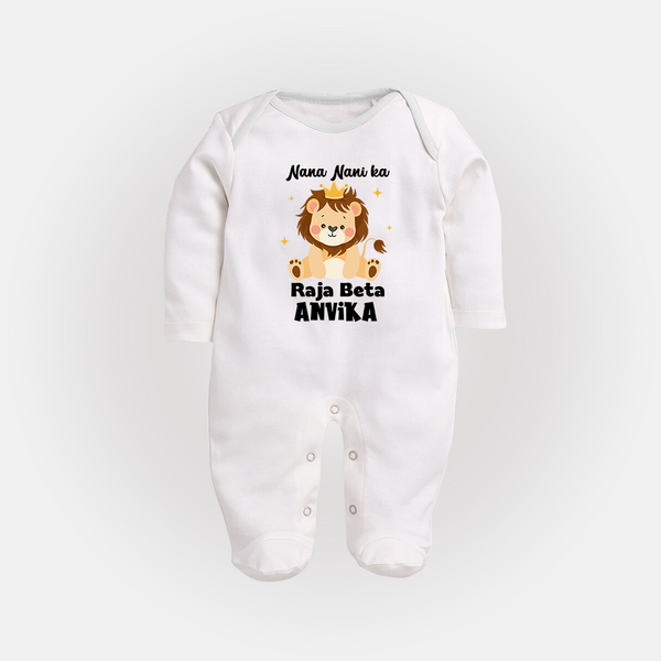 Nana Nani Ka Raja Beta Sleep Suit / Full Sleeve Body Suit | Personalized Baby Sleep Suit / Full Sleeve Body Suit for Nana and Nani's King - WHITE - New Born (Chest 7.5")