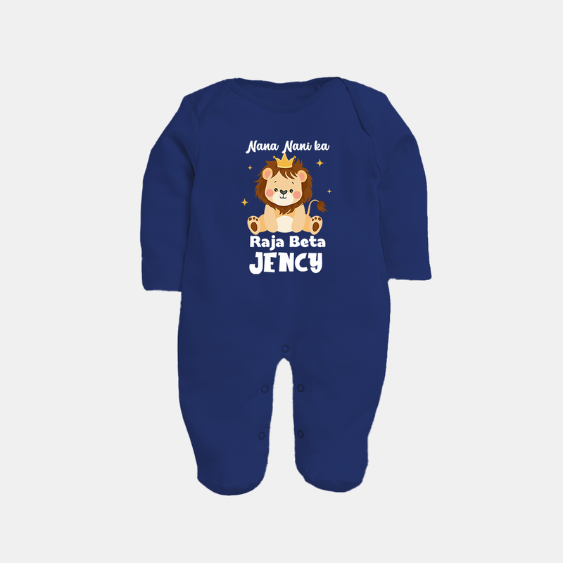 Nana Nani Ka Raja Beta Sleep Suit / Full Sleeve Body Suit | Personalized Baby Sleep Suit / Full Sleeve Body Suit for Nana and Nani's King - NAVY BLUE - New Born (Chest 7.5")