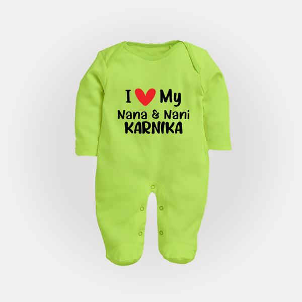 I Love My Nana And Nani Sleep Suit / Full Sleeve Body Suit | Custom Baby Sleep Suit / Full Sleeve Body Suit for Nana and Nani's Darling - LIME GREEN - New Born (Chest 7.5")