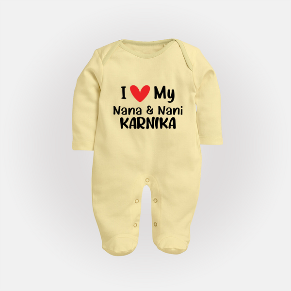 I Love My Nana And Nani Sleep Suit / Full Sleeve Body Suit | Custom Baby Sleep Suit / Full Sleeve Body Suit for Nana and Nani's Darling - PASTEL YELLOW - New Born (Chest 7.5")