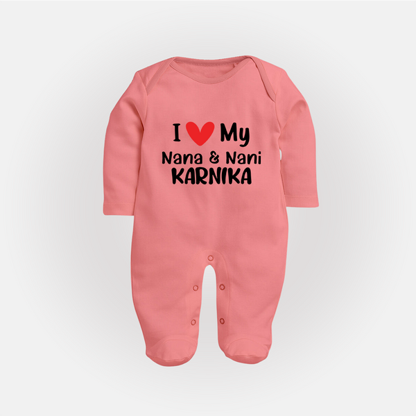 I Love My Nana And Nani Sleep Suit / Full Sleeve Body Suit | Custom Baby Sleep Suit / Full Sleeve Body Suit for Nana and Nani's Darling - PEACH - New Born (Chest 7.5")