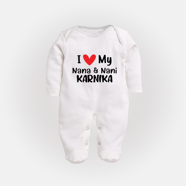 I Love My Nana And Nani Sleep Suit / Full Sleeve Body Suit | Custom Baby Sleep Suit / Full Sleeve Body Suit for Nana and Nani's Darling - WHITE - New Born (Chest 7.5")