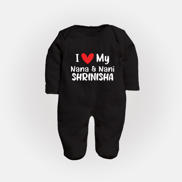 I Love My Nana And Nani Sleep Suit / Full Sleeve Body Suit | Custom Baby Sleep Suit / Full Sleeve Body Suit for Nana and Nani's Darling - BLACK - New Born (Chest 7.5")
