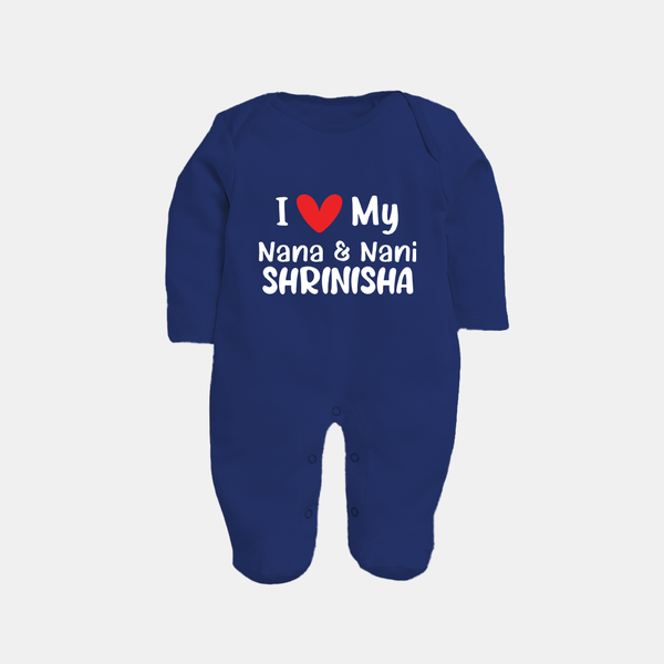 I Love My Nana And Nani Sleep Suit / Full Sleeve Body Suit | Custom Baby Sleep Suit / Full Sleeve Body Suit for Nana and Nani's Darling - NAVY BLUE - New Born (Chest 7.5")