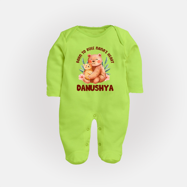 Born To Rule Nana's Heart Sleep Suit / Full Sleeve Body Suit | Personalized Baby Sleep Suit / Full Sleeve Body Suit for Nana's Little Ruler - LIME GREEN - New Born (Chest 7.5")