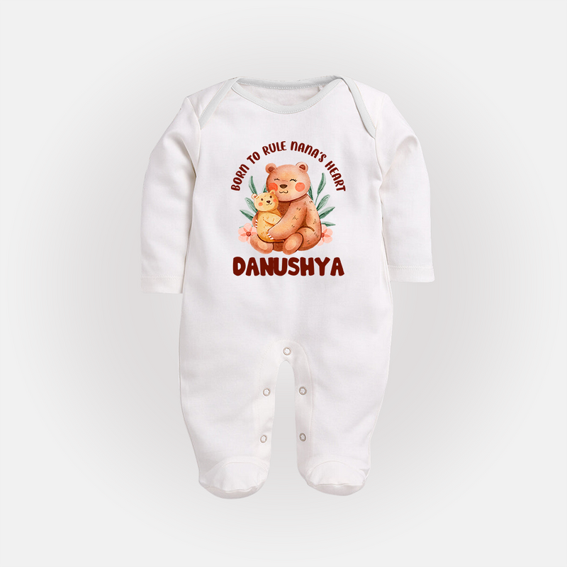 Born To Rule Nana's Heart Sleep Suit / Full Sleeve Body Suit | Personalized Baby Sleep Suit / Full Sleeve Body Suit for Nana's Little Ruler - WHITE - New Born (Chest 7.5")