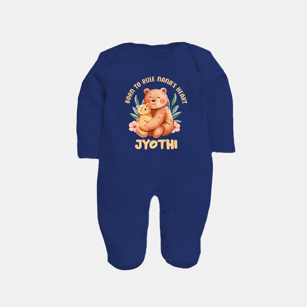 Born To Rule Nana's Heart Sleep Suit / Full Sleeve Body Suit | Personalized Baby Sleep Suit / Full Sleeve Body Suit for Nana's Little Ruler - NAVY BLUE - New Born (Chest 7.5")