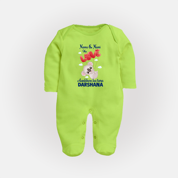 Nana Nani Ke Aankhon Ka Tara Sleep Suit / Full Sleeve Body Suit | Personalized Baby Sleep Suit / Full Sleeve Body Suit for Nana and Nani's Jewel - LIME GREEN - New Born (Chest 7.5")