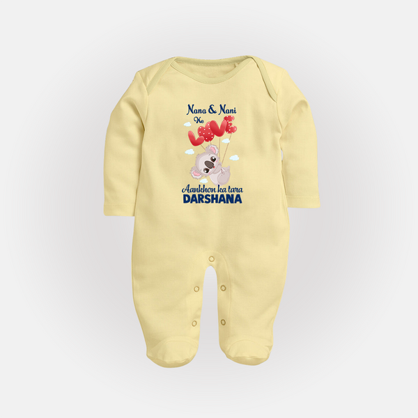 Nana Nani Ke Aankhon Ka Tara Sleep Suit / Full Sleeve Body Suit | Personalized Baby Sleep Suit / Full Sleeve Body Suit for Nana and Nani's Jewel - PASTEL YELLOW - New Born (Chest 7.5")