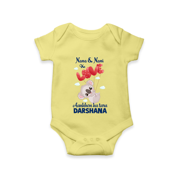 Nana Nani Ke Aankhon Ka Tara Romper / Onesie | Personalized Baby Romper / Onesie for Nana and Nani's Jewel - PASTEL YELLOW - New Born (Chest 14")