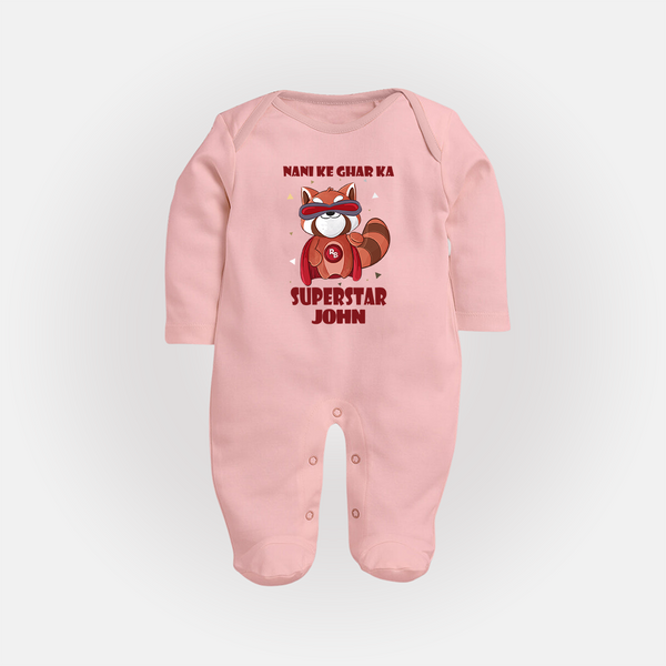 Nani Ke Ghar Ka Superstar Sleep Suit / Full Sleeve Body Suit | Custom Baby Sleep Suit / Full Sleeve Body Suit for Nani's Superstar - BABY PINK - New Born (Chest 7.5")