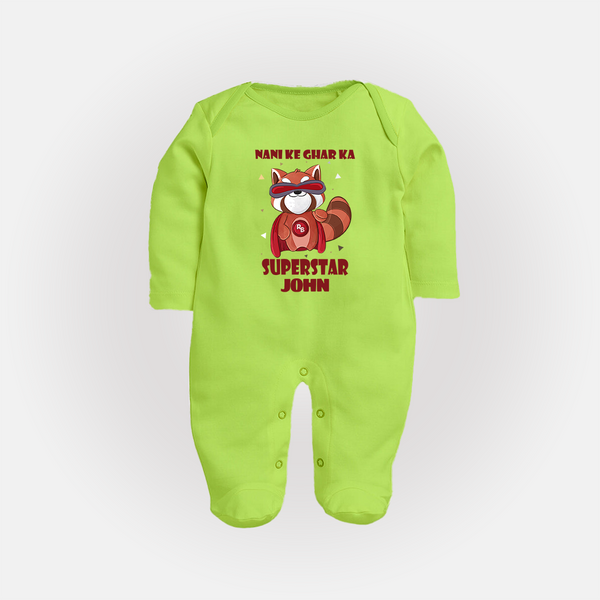 Nani Ke Ghar Ka Superstar Sleep Suit / Full Sleeve Body Suit | Custom Baby Sleep Suit / Full Sleeve Body Suit for Nani's Superstar - LIME GREEN - New Born (Chest 7.5")