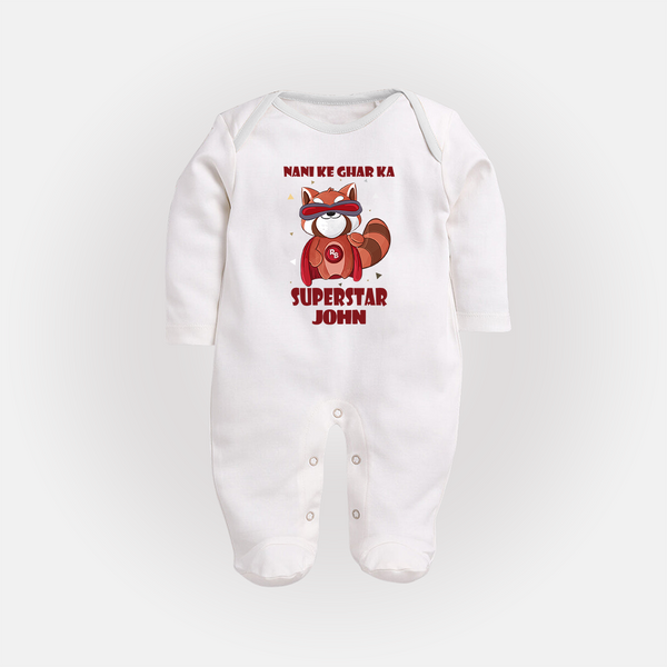 Nani Ke Ghar Ka Superstar Sleep Suit / Full Sleeve Body Suit | Custom Baby Sleep Suit / Full Sleeve Body Suit for Nani's Superstar - WHITE - New Born (Chest 7.5")