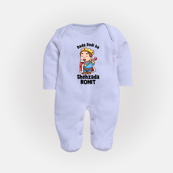Dada Dadi Ka Shehzada Sleep Suit / Full Sleeve Body Suit | Personalized Baby Sleep Suit / Full Sleeve Body Suit for Dada and Dadi's Prince - BABY BLUE - New Born (Chest 7.5")