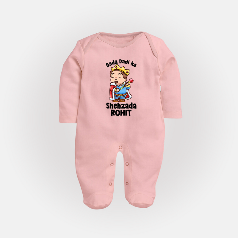 Dada Dadi Ka Shehzada Sleep Suit / Full Sleeve Body Suit | Personalized Baby Sleep Suit / Full Sleeve Body Suit for Dada and Dadi's Prince - BABY PINK - New Born (Chest 7.5")