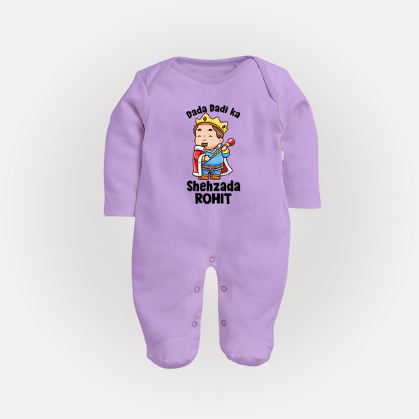 Dada Dadi Ka Shehzada Sleep Suit / Full Sleeve Body Suit | Personalized Baby Sleep Suit / Full Sleeve Body Suit for Dada and Dadi's Prince - LILAC - New Born (Chest 7.5")