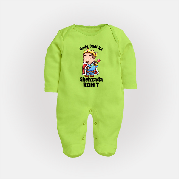 Dada Dadi Ka Shehzada Sleep Suit / Full Sleeve Body Suit | Personalized Baby Sleep Suit / Full Sleeve Body Suit for Dada and Dadi's Prince - LIME GREEN - New Born (Chest 7.5")