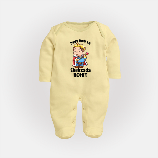 Dada Dadi Ka Shehzada Sleep Suit / Full Sleeve Body Suit | Personalized Baby Sleep Suit / Full Sleeve Body Suit for Dada and Dadi's Prince - PASTEL YELLOW - New Born (Chest 7.5")