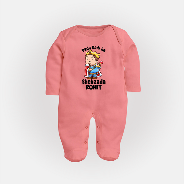 Dada Dadi Ka Shehzada Sleep Suit / Full Sleeve Body Suit | Personalized Baby Sleep Suit / Full Sleeve Body Suit for Dada and Dadi's Prince - PEACH - New Born (Chest 7.5")