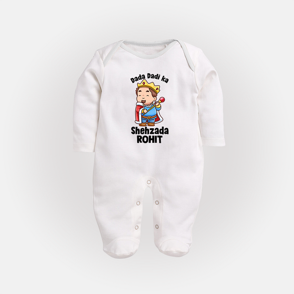 Dada Dadi Ka Shehzada Sleep Suit / Full Sleeve Body Suit | Personalized Baby Sleep Suit / Full Sleeve Body Suit for Dada and Dadi's Prince - WHITE - New Born (Chest 7.5")