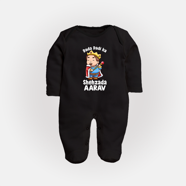 Dada Dadi Ka Shehzada Sleep Suit / Full Sleeve Body Suit | Personalized Baby Sleep Suit / Full Sleeve Body Suit for Dada and Dadi's Prince - BLACK - New Born (Chest 7.5")