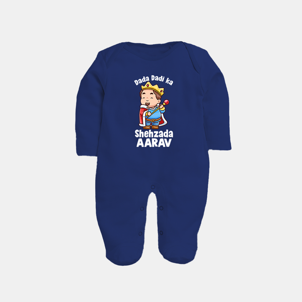 Dada Dadi Ka Shehzada Sleep Suit / Full Sleeve Body Suit | Personalized Baby Sleep Suit / Full Sleeve Body Suit for Dada and Dadi's Prince - NAVY BLUE - New Born (Chest 7.5")