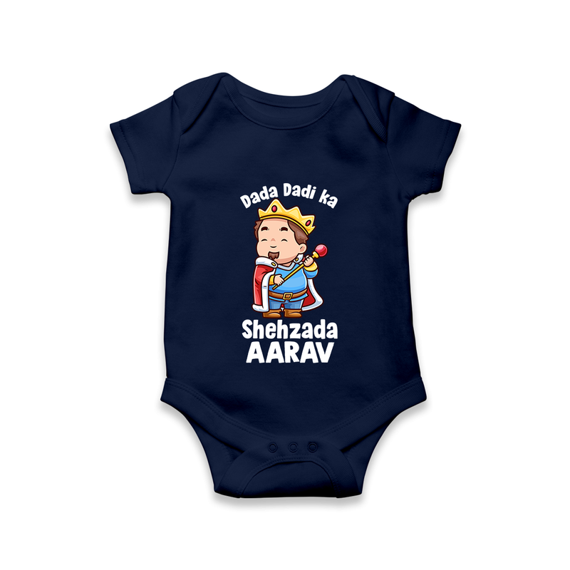 Dada Dadi Ka Shehzada Romper / Onesie | Personalized Baby Romper / Onesie for Dada and Dadi's Prince - NAVY BLUE - New Born (Chest 14")