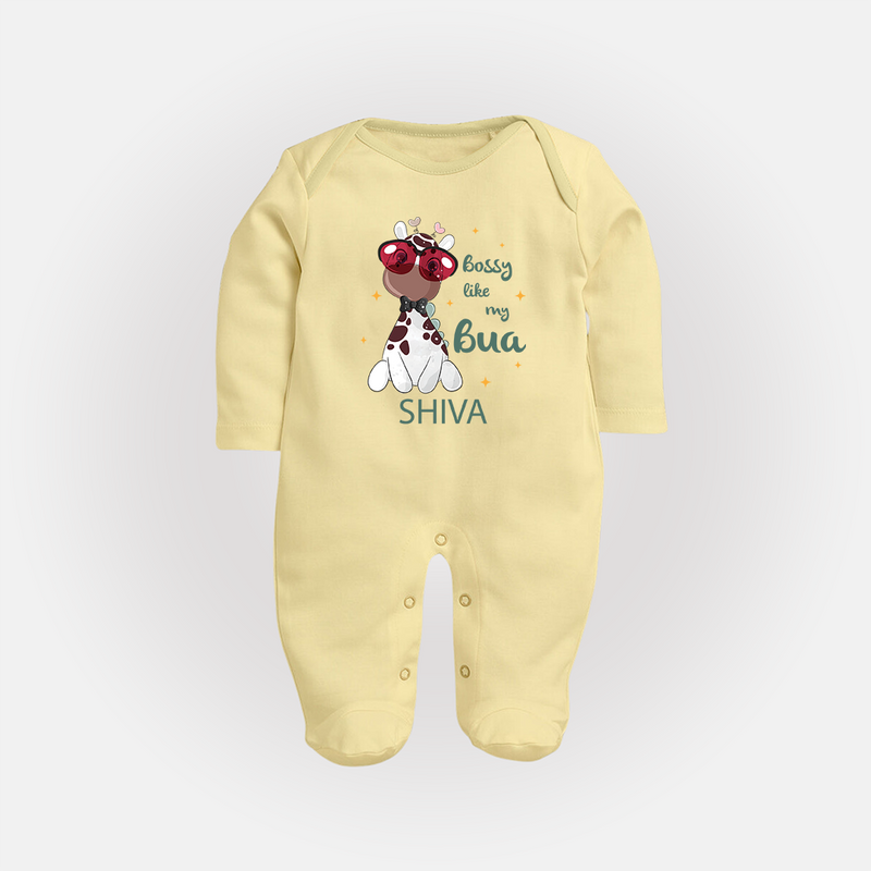 Bossy Like My Bua Sleep Suit / Full Sleeve Body Suit | Personalized Baby Sleep Suit / Full Sleeve Body Suit for Bua's Little Boss - PASTEL YELLOW - New Born (Chest 7.5")