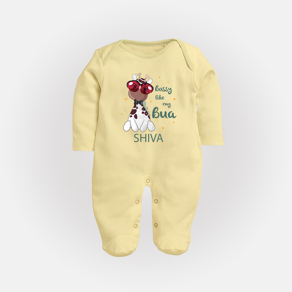 Bossy Like My Bua Sleep Suit / Full Sleeve Body Suit | Personalized Baby Sleep Suit / Full Sleeve Body Suit for Bua's Little Boss - PASTEL YELLOW - New Born (Chest 7.5")