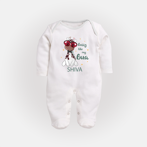 Bossy Like My Bua Sleep Suit / Full Sleeve Body Suit | Personalized Baby Sleep Suit / Full Sleeve Body Suit for Bua's Little Boss - WHITE - New Born (Chest 7.5")