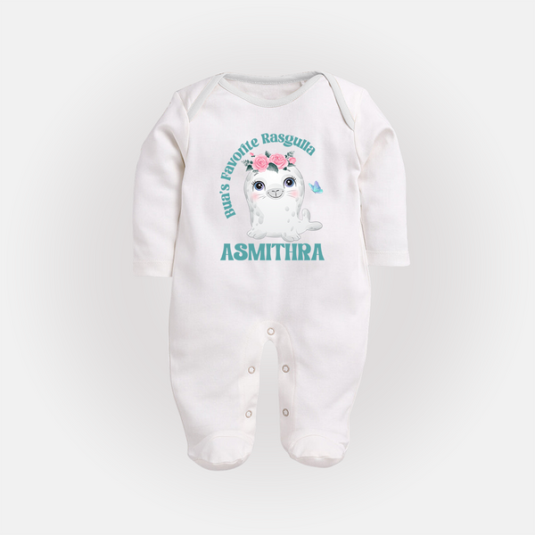 Bua's Favourite Rasagulla Sleep Suit / Full Sleeve Body Suit | Personalized Baby Sleep Suit / Full Sleeve Body Suit for Bua's Favorite - WHITE - New Born (Chest 7.5")