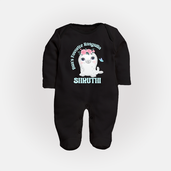 Bua's Favourite Rasagulla Sleep Suit / Full Sleeve Body Suit | Personalized Baby Sleep Suit / Full Sleeve Body Suit for Bua's Favorite - BLACK - New Born (Chest 7.5")