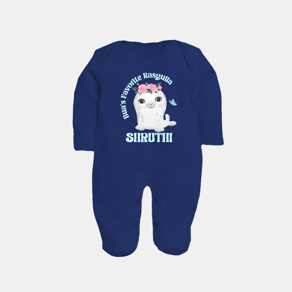 Bua's Favourite Rasagulla Sleep Suit / Full Sleeve Body Suit | Personalized Baby Sleep Suit / Full Sleeve Body Suit for Bua's Favorite - NAVY BLUE - New Born (Chest 7.5")