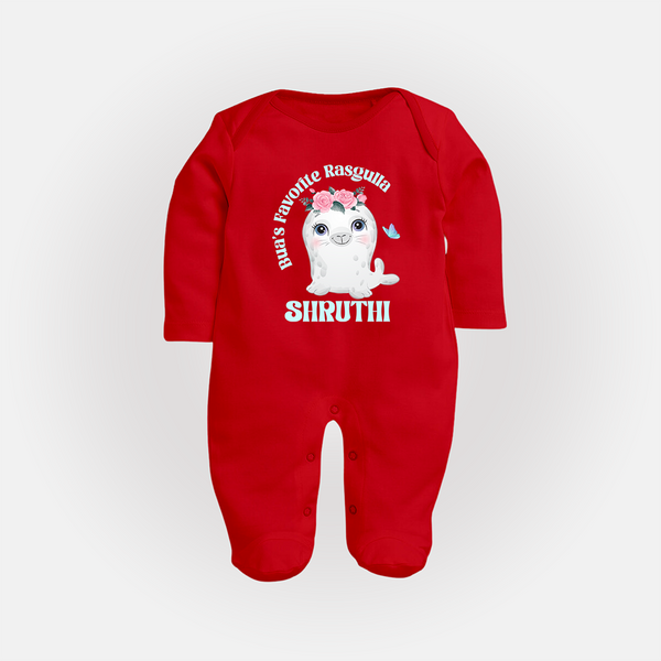 Bua's Favourite Rasagulla Sleep Suit / Full Sleeve Body Suit | Personalized Baby Sleep Suit / Full Sleeve Body Suit for Bua's Favorite - RED - New Born (Chest 7.5")