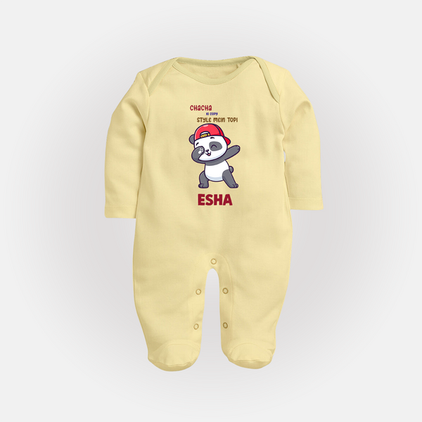 Chacha Ki Copy Style Mein Topi Sleep Suit / Full Sleeve Body Suit | Personalized Baby Sleep Suit / Full Sleeve Body Suit for Chacha's Little Copy - PASTEL YELLOW - New Born (Chest 7.5")