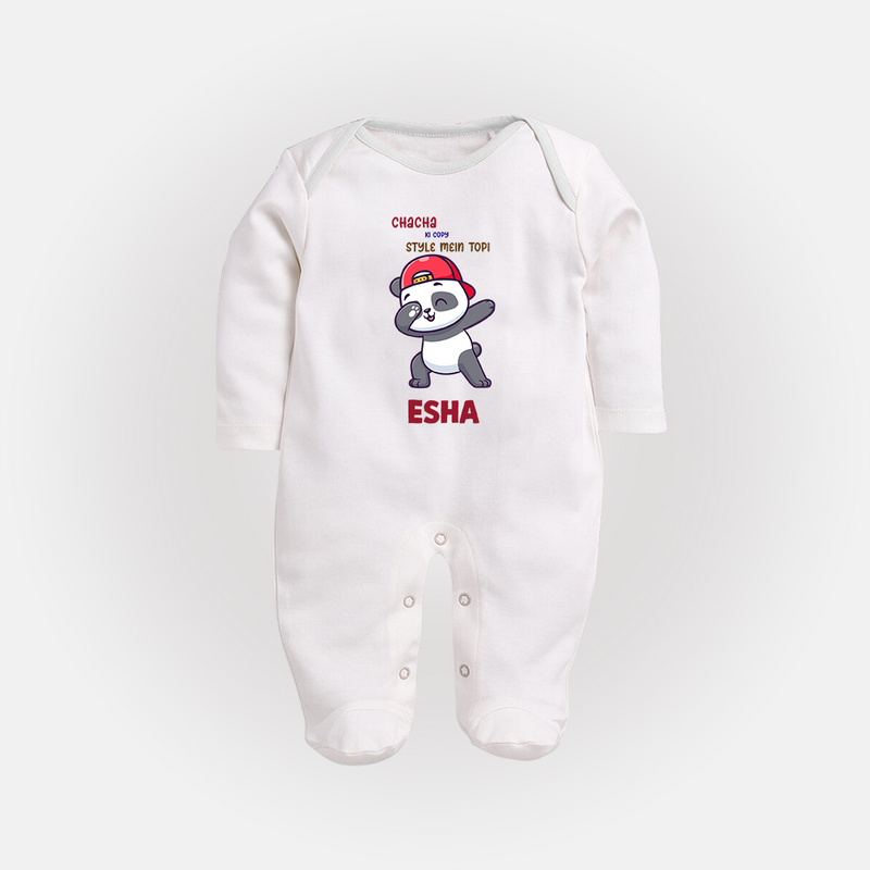 Chacha Ki Copy Style Mein Topi Sleep Suit / Full Sleeve Body Suit | Personalized Baby Sleep Suit / Full Sleeve Body Suit for Chacha's Little Copy - WHITE - New Born (Chest 7.5")