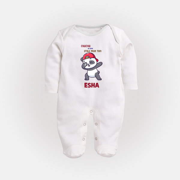Chacha Ki Copy Style Mein Topi Sleep Suit / Full Sleeve Body Suit | Personalized Baby Sleep Suit / Full Sleeve Body Suit for Chacha's Little Copy - WHITE - New Born (Chest 7.5")