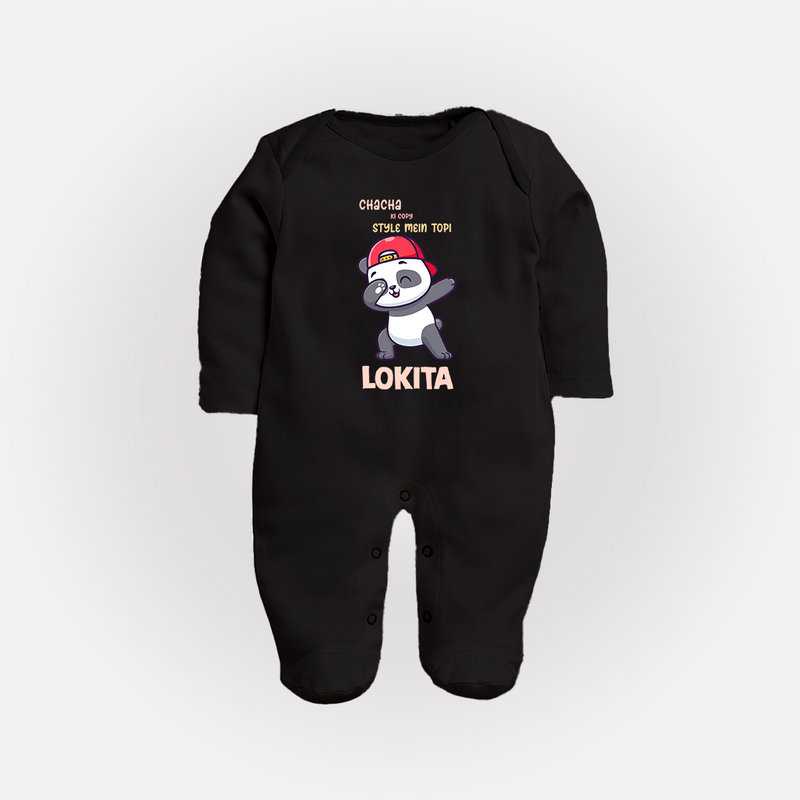 Chacha Ki Copy Style Mein Topi Sleep Suit / Full Sleeve Body Suit | Personalized Baby Sleep Suit / Full Sleeve Body Suit for Chacha's Little Copy - BLACK - New Born (Chest 7.5")