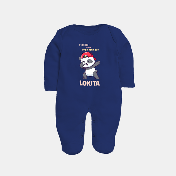 Chacha Ki Copy Style Mein Topi Sleep Suit / Full Sleeve Body Suit | Personalized Baby Sleep Suit / Full Sleeve Body Suit for Chacha's Little Copy - NAVY BLUE - New Born (Chest 7.5")