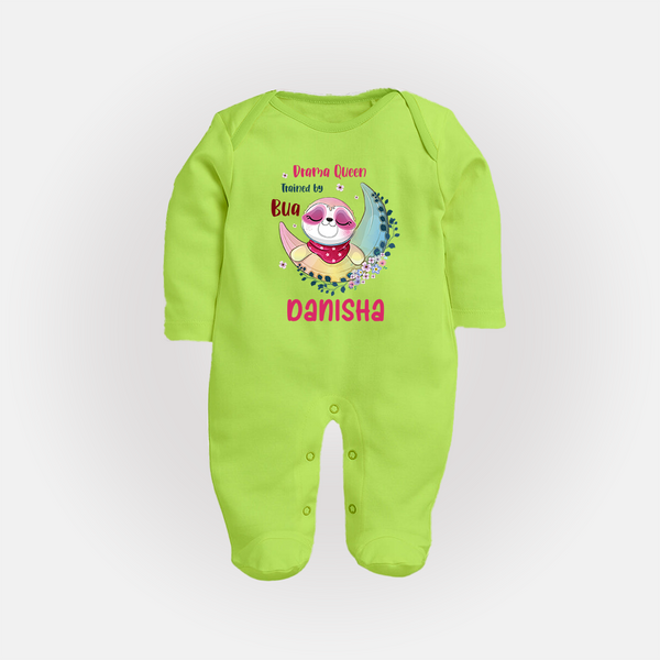 Drama Queen Trained By Bua Sleep Suit / Full Sleeve Body Suit | Custom Baby Sleep Suit / Full Sleeve Body Suit for Bua's Drama Queen - LIME GREEN - New Born (Chest 7.5")