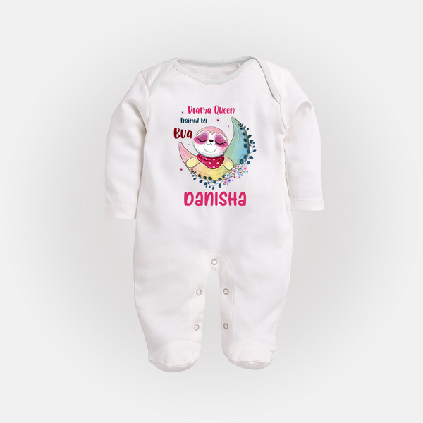 Drama Queen Trained By Bua Sleep Suit / Full Sleeve Body Suit | Custom Baby Sleep Suit / Full Sleeve Body Suit for Bua's Drama Queen - WHITE - New Born (Chest 7.5")