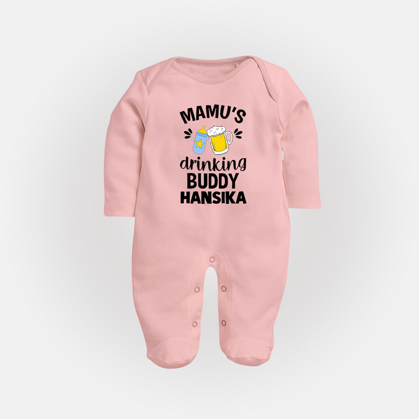 Mamu's Drinking Buddy Sleep Suit / Full Sleeve Body Suit | Personalized Baby Sleep Suit / Full Sleeve Body Suit for Mamu's Sidekick - BABY PINK - New Born (Chest 7.5")